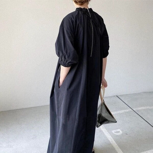 Smocked Neck Balloon Sleeve Maxi Dress | Back Zip Minimalist - Écru Doux