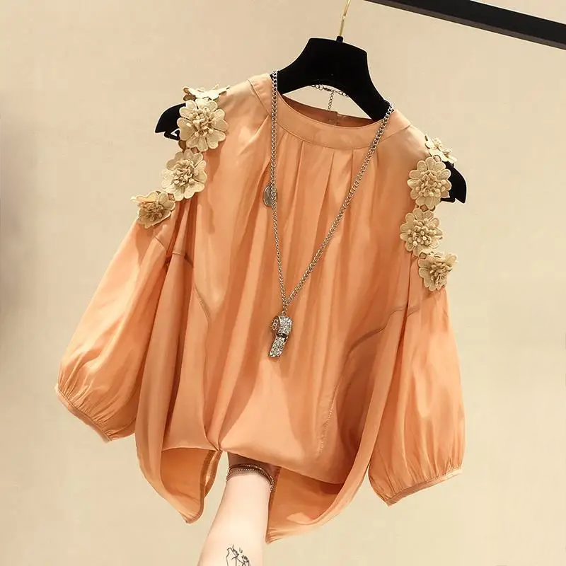 Hollow Out Appliqué Women's Off-Shoulder Shirt Summer Casual 3/4 Sleeve Blouse