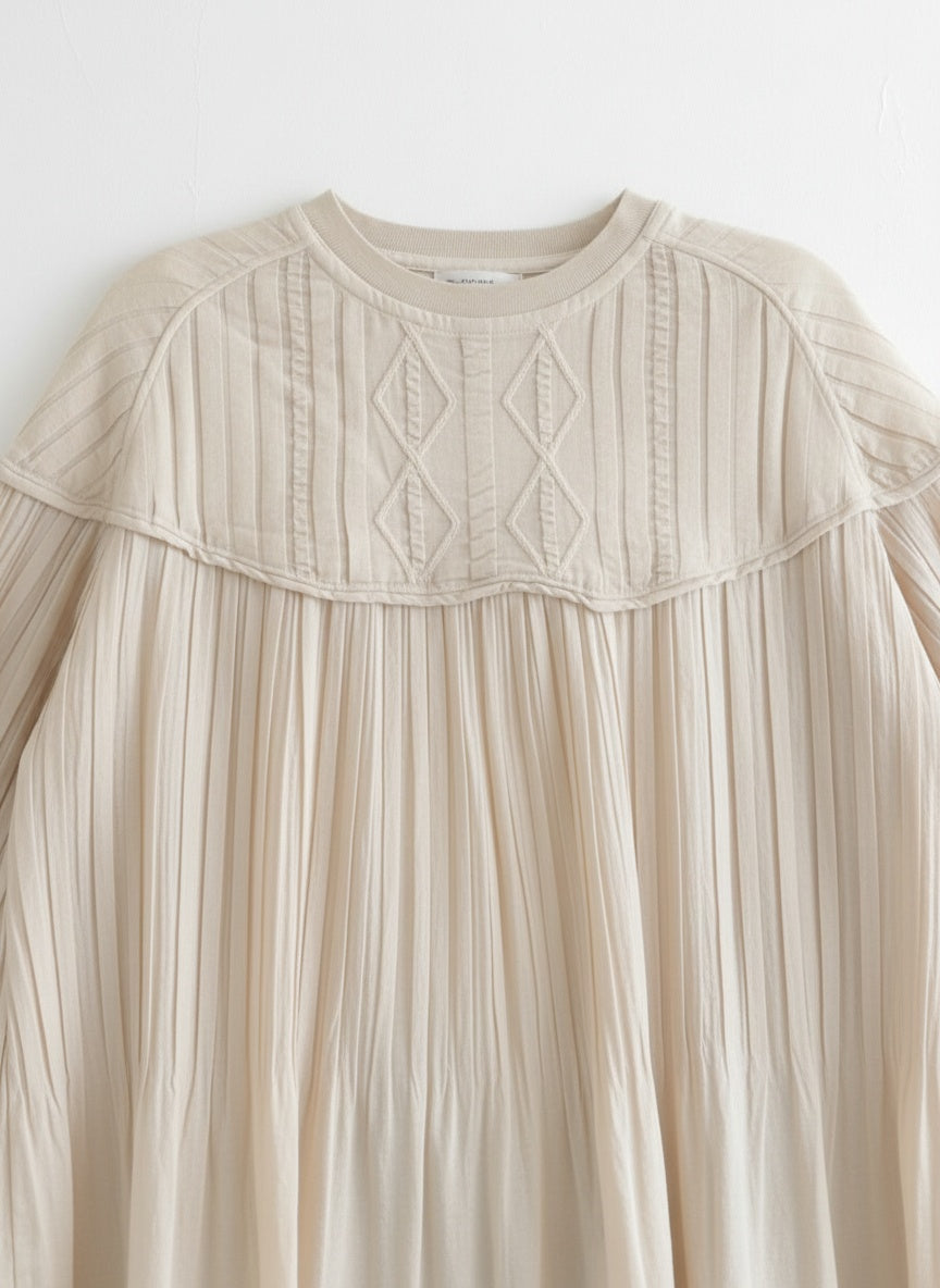 Knit & Pleated Long Sleeve Blouse | Feminine Swing Top - Écru Doux