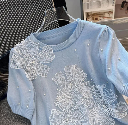 Loose Lace Sweater | Short Sleeve Floral Applique Style | Blue 2