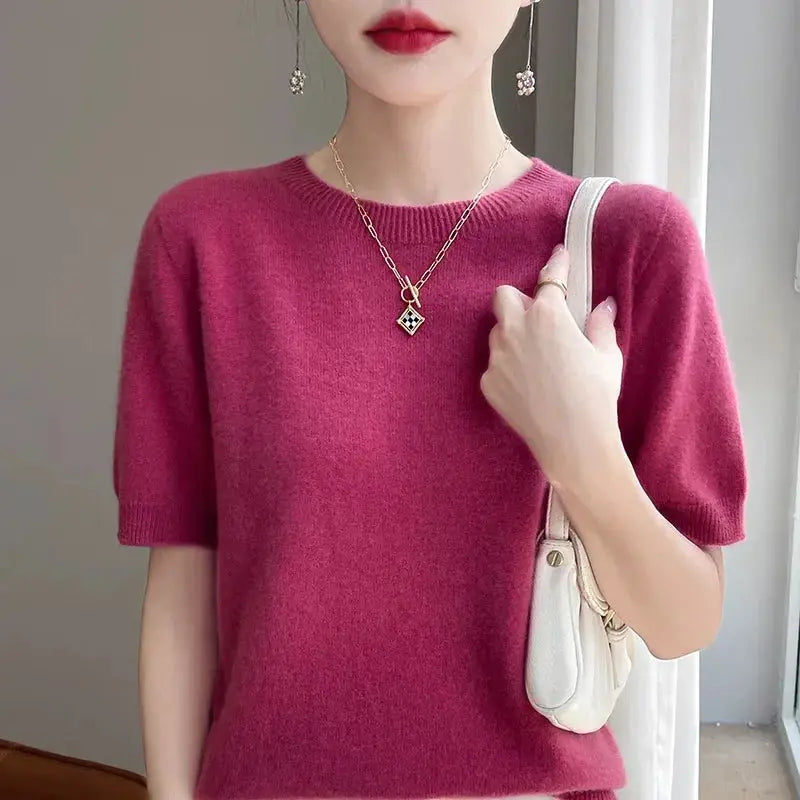 Quality Wool Sweater | Spring Summer O-Neck Short Sleeve | Shu Mei Red