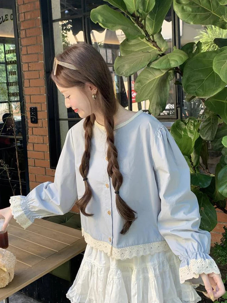 Women Spring Sweet Elegant Blouse O-Neck with Lace Patchwork