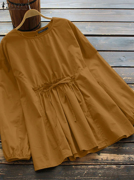 ZANZEA Vintage Tunic Blouse | Lace Up Elastic Waist | Yellow