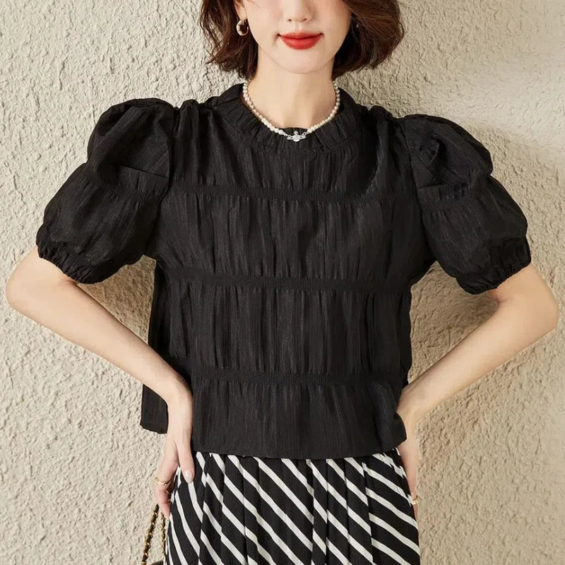 Crew Neck Pullover Puff Short Sleeve Shirring T-shirt Office Lady Chic Tops