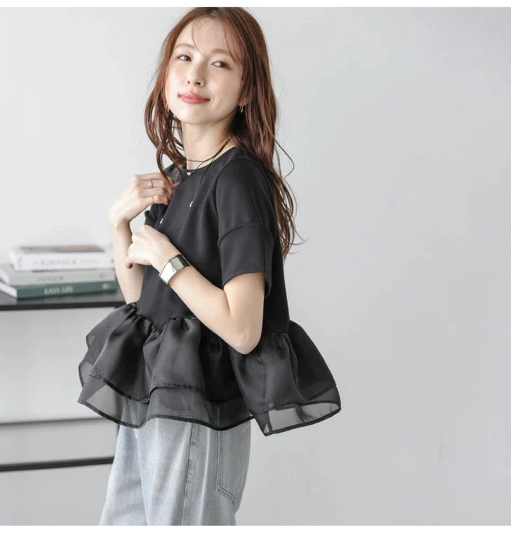 Japanese Style Short-Sleeved Ruffles Splicing T-Shirts