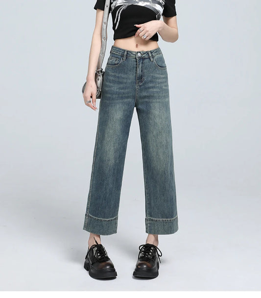 Stylish High-Waist Cropped Stretch Straight Jeans | Blue