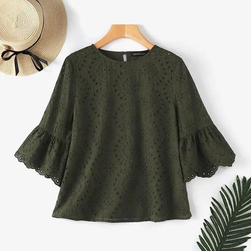 ZANZEA 3/4 Sleeve Hollow Out Elegant Lace Crochet Loose Embroidery Blouse