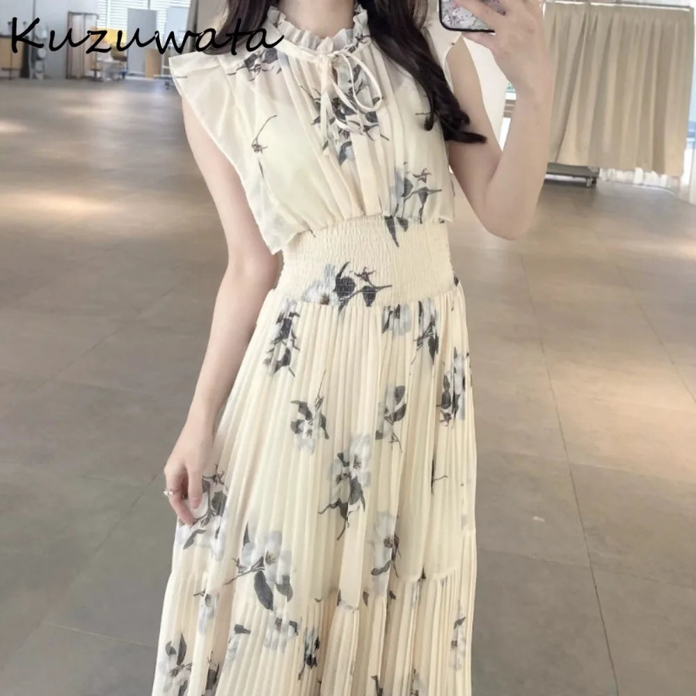 Kuzuwata Print High Waist Robe New Gentle Literary Lace Up Pleated Slim Japanese Elegant Dress