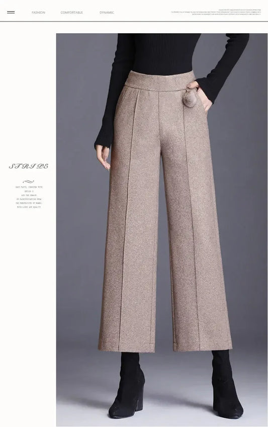 Woollen Wide Leg Ankle Length Pants | Khaki