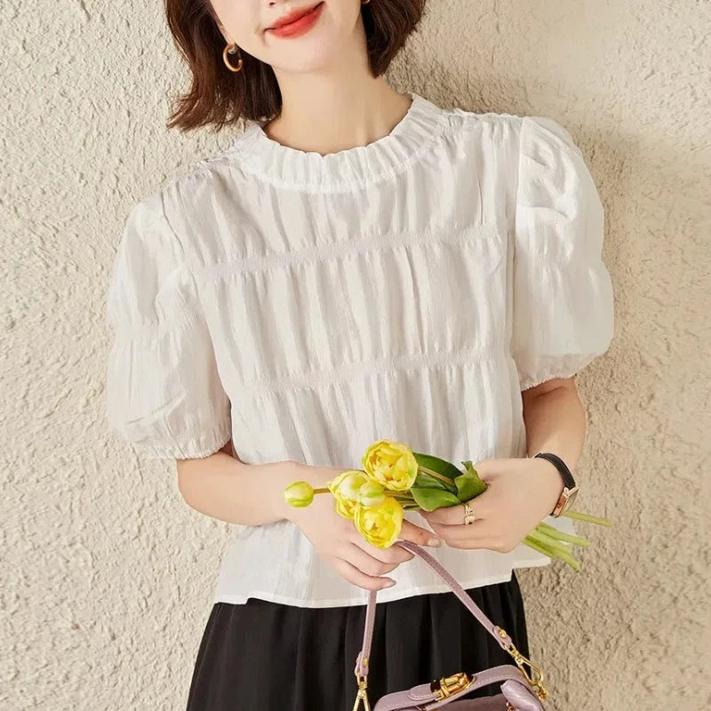 Crew Neck Pullover Puff Short Sleeve Shirring T-shirt Office Lady Chic Tops