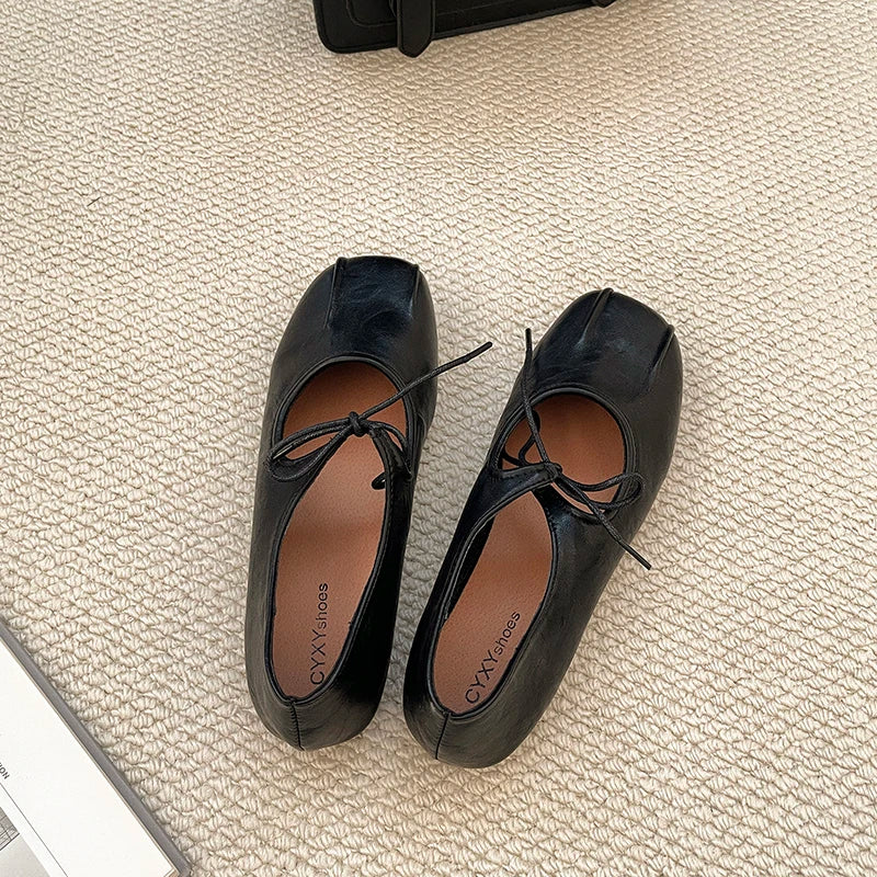 Soft Leather Ballet Flats with Butterfly Knot for Women