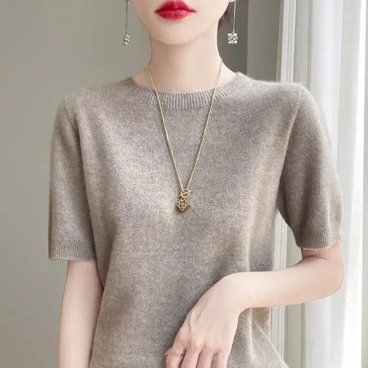 Quality Wool Sweater | Spring Summer O-Neck Short Sleeve | yuan rong camel