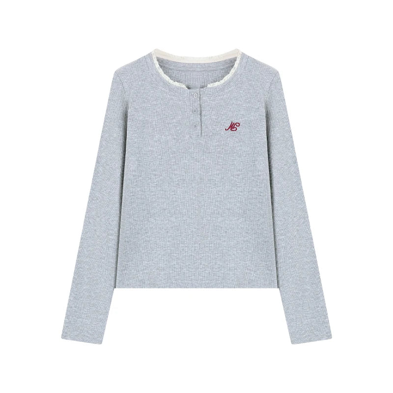 Long Sleeves O-neck T-shirt with Fake Two-piece Top