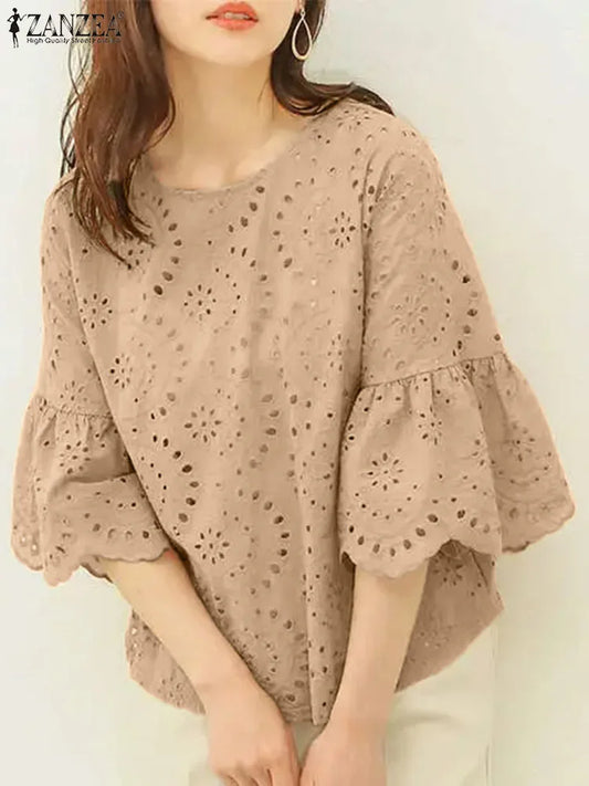 ZANZEA Lace Crochet Blouse | 3/4 Sleeve Embroidery Top | Khaki