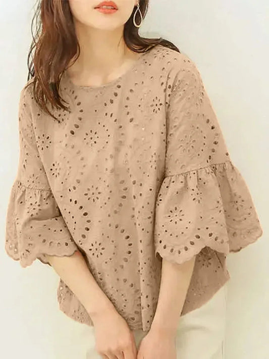 ZANZEA Lace Crochet Blouse | 3/4 Sleeve Embroidery Top - Écru Doux