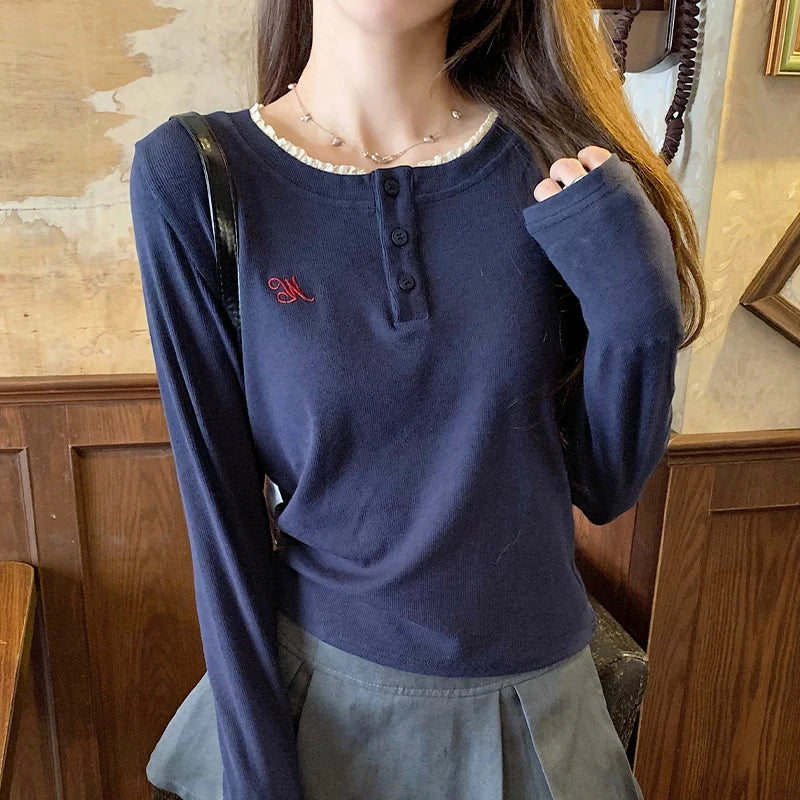 Long Sleeves O-neck T-shirt with Fake Two-piece Top
