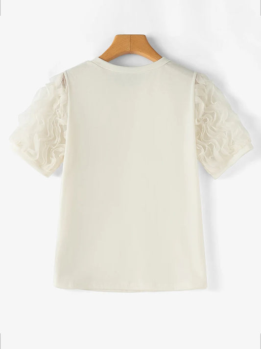 Ruffled Patchwork Lantern Short Sleeve Vintage Tunics Blouse | Beige 2