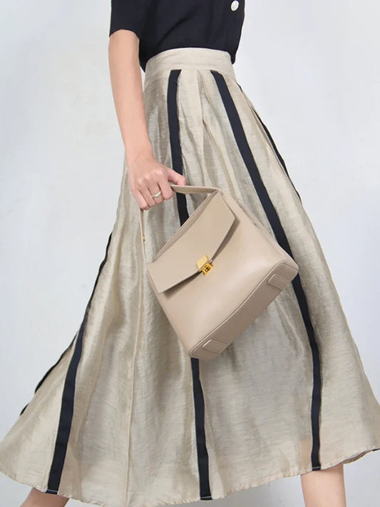 Elegant A-LINE Pleated Striped Hepburn Skirt_Side