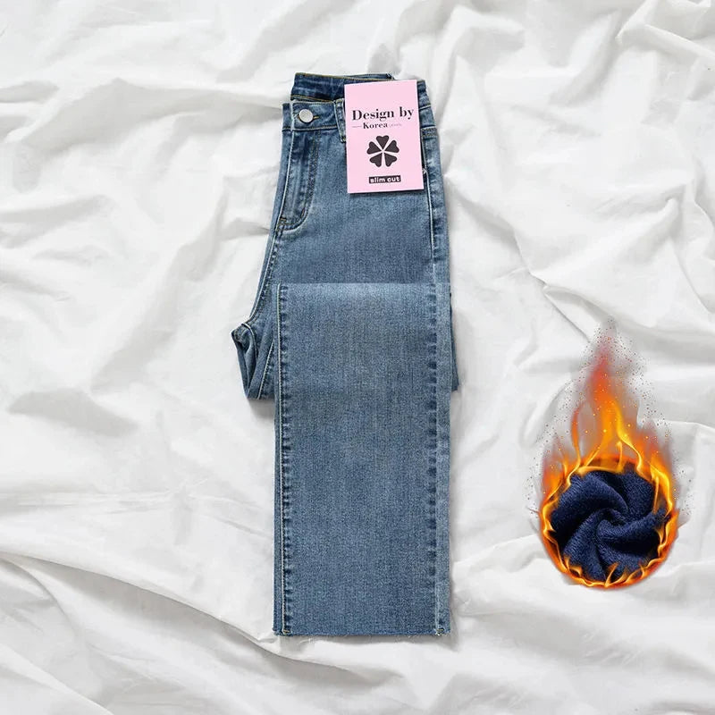 Autumn / Winter High Street Super Warm Thick Fleece Vaqueros Ankle Straight Jeans