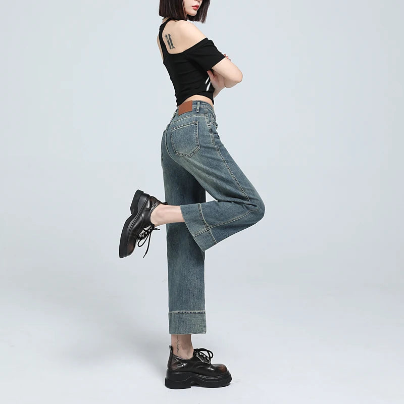 Stylish High-Waist Cropped Stretch Straight Jeans