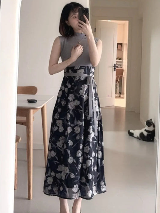 Kuzuwata Japanese Chiffon Dress | Lace Up Patchwork Style | Dark grey 2