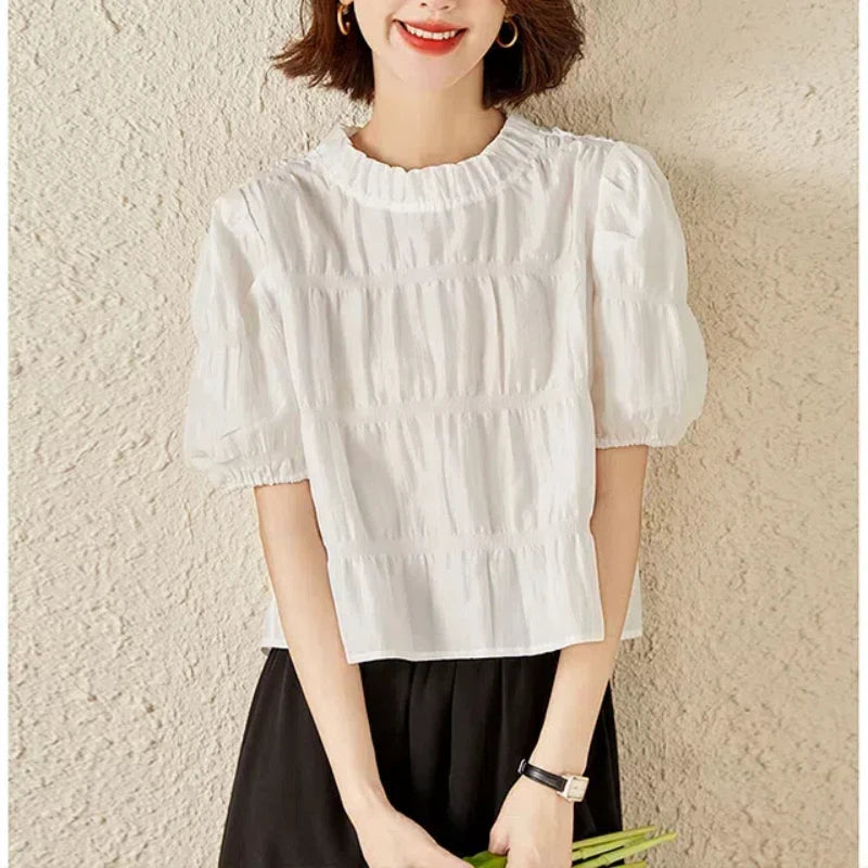 Crew Neck Pullover Puff Short Sleeve Shirring T-shirt Office Lady Chic Tops