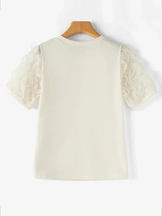 Ruffled Patchwork Lantern Short Sleeve Vintage Blouse - Écru Doux