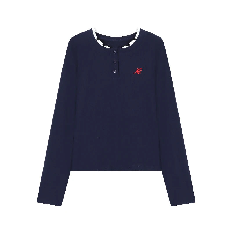 Long Sleeves O-neck T-shirt with Fake Two-piece Top