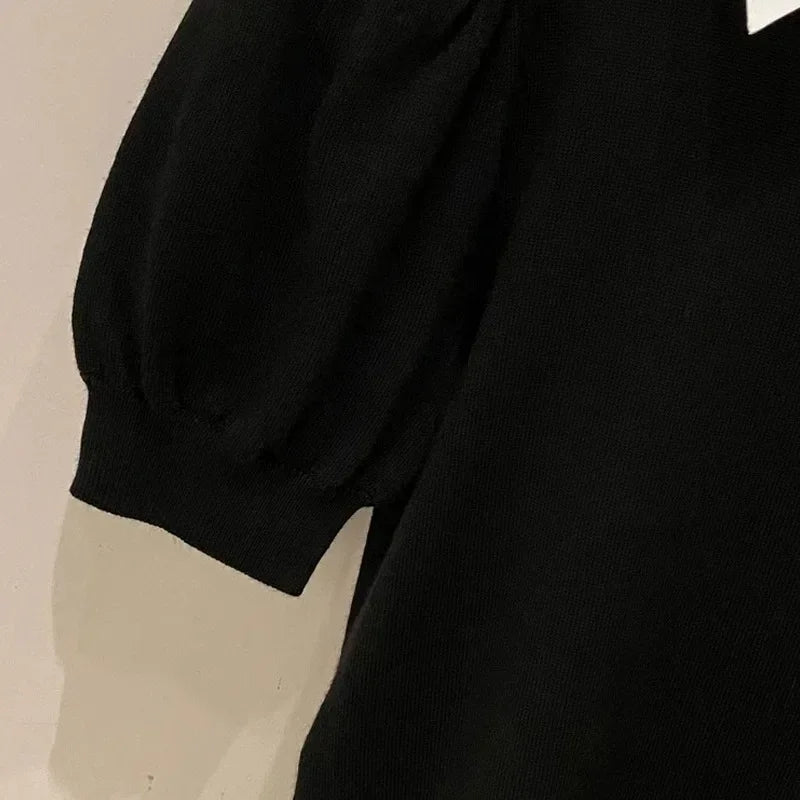 Woman Summer Camisetas Knit Vintage Puff Sleeve Tshirts with Fake Turndown Collar