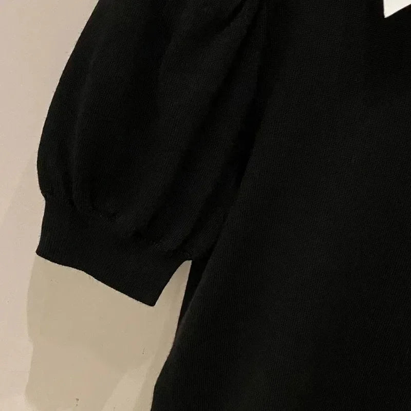 Summer Vintage Puff Sleeve T-shirt - Fake Turndown Collar 4