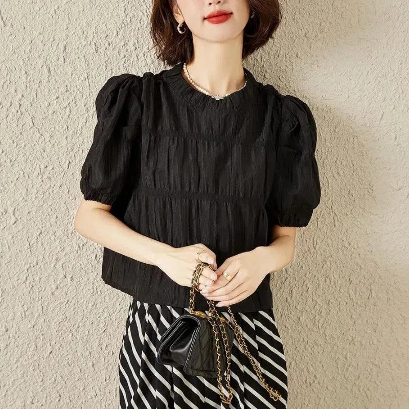 Office Chic Puff Sleeve Top | Crew Neck Shirring T-shirt | Black 4