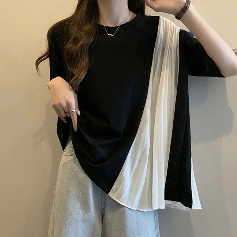 Contrasting Colors Pleats Chiffon Patchwork T-shirt