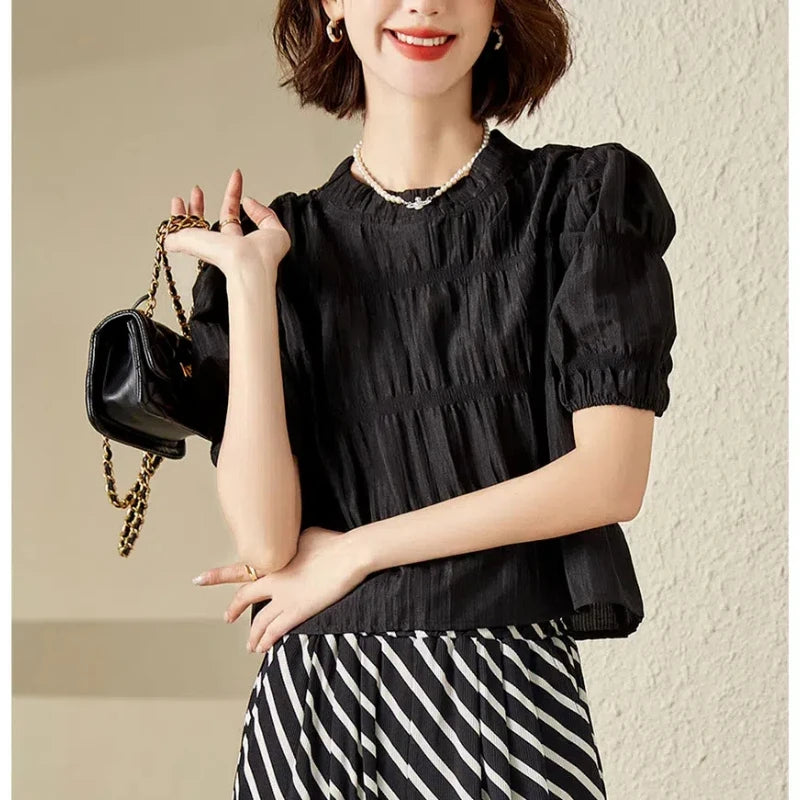 Crew Neck Pullover Puff Short Sleeve Shirring T-shirt Office Lady Chic Tops