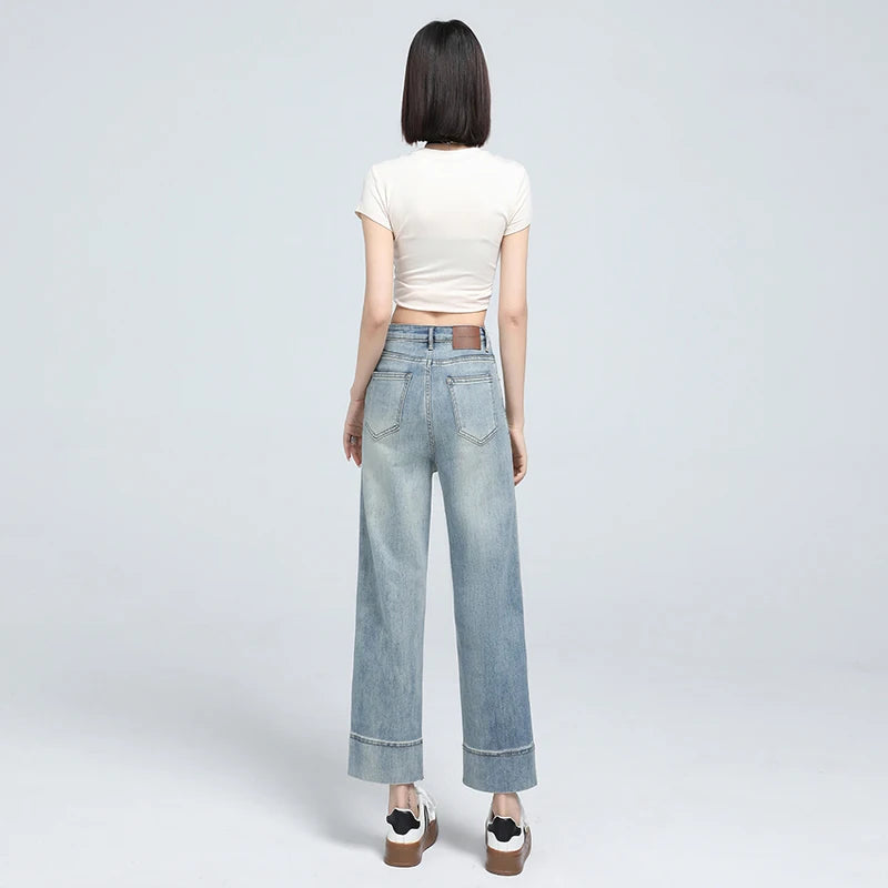 Stylish High-Waist Cropped Stretch Straight Jeans