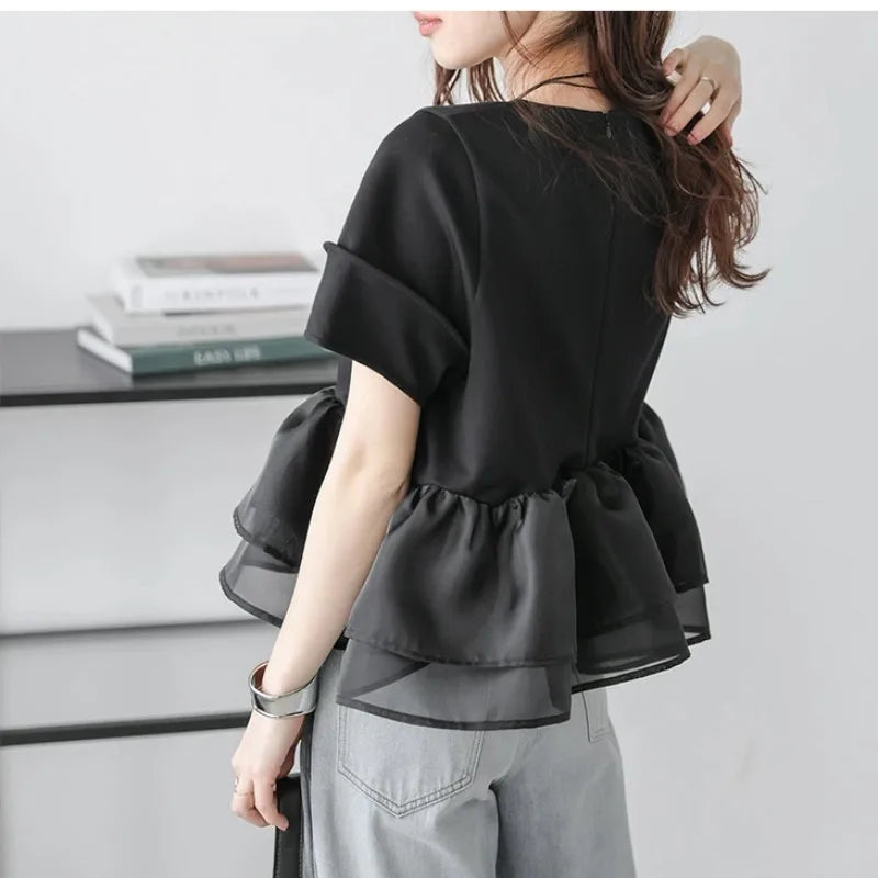 Japanese Style Short-Sleeved Ruffles Splicing T-Shirts