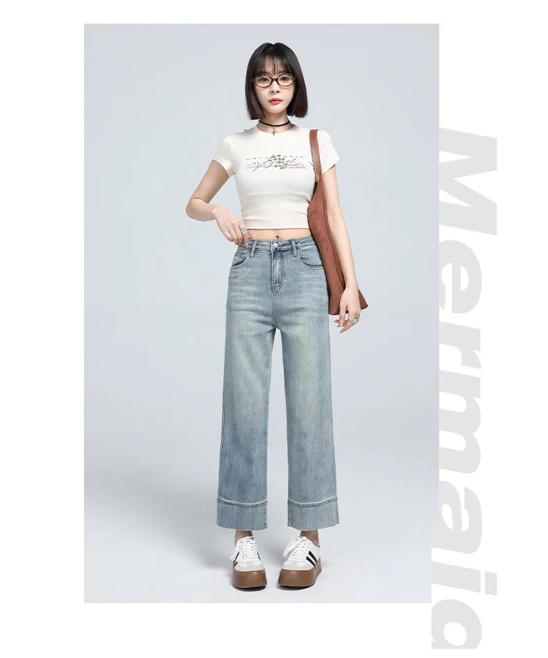 Stylish High-Waist Cropped Stretch Straight Jeans