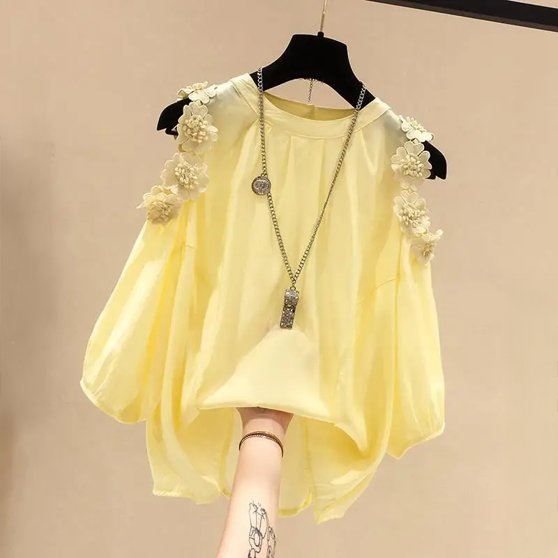 Hollow Out Appliqué Women's Off-Shoulder Shirt Summer Casual 3/4 Sleeve Blouse