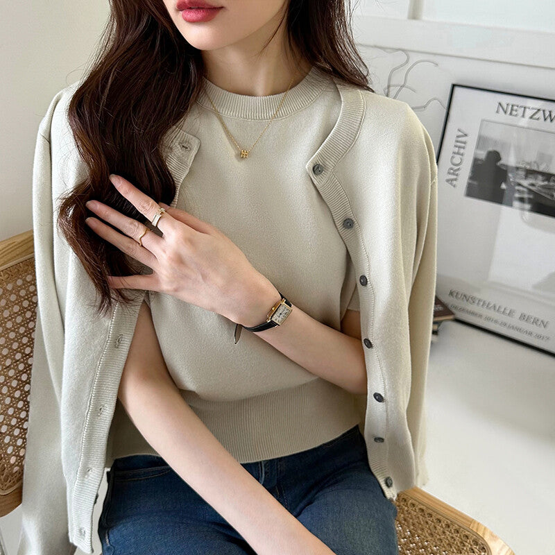 Knit Ensemble Set | Cardigan & Short Sleeve Inner | 7 Colors -  Écru Doux