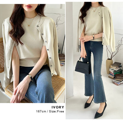 Knit Ensemble Set | Cardigan & Short Sleeve Inner | 7 Colors -  Écru Doux