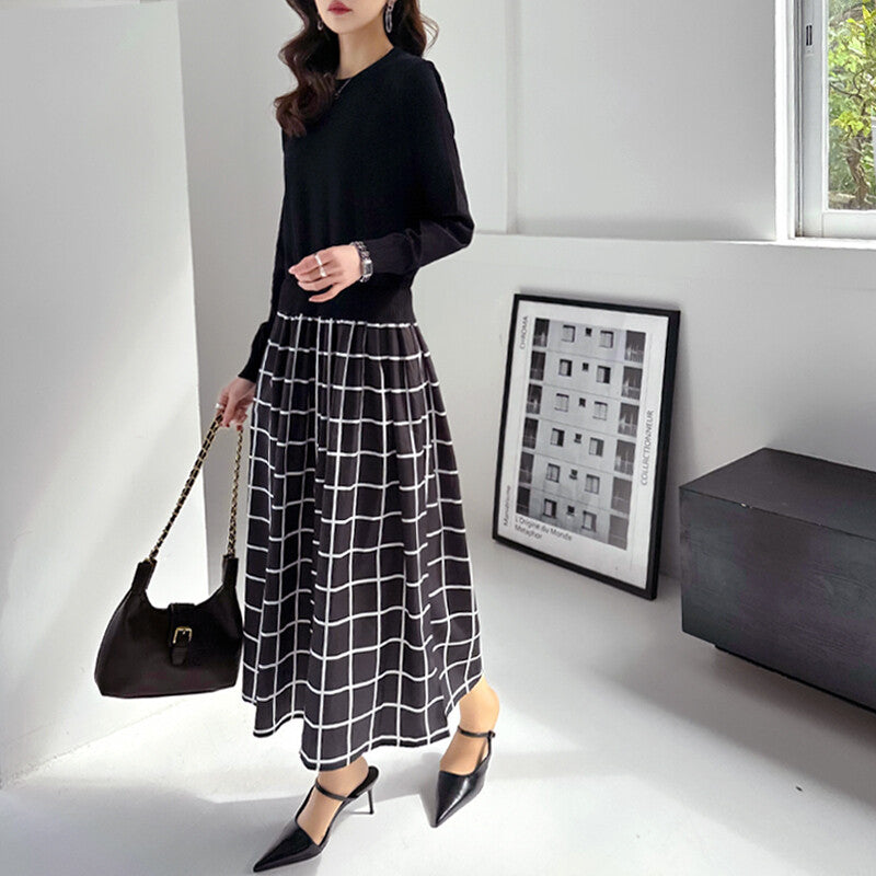 Mixed Material Knit Docking Dress  A-Line Midi  3 Styles -  Écru Doux