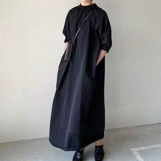 Smocked Neck Balloon Sleeve Maxi Dress | Back Zip Minimalist -  Écru Doux