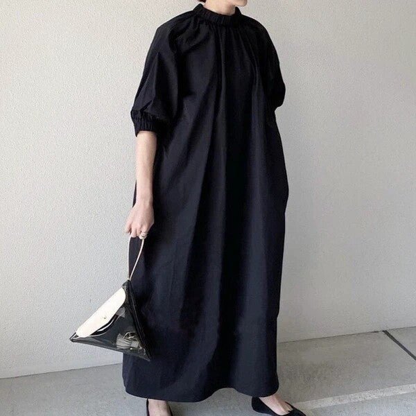 Smocked Neck Balloon Sleeve Maxi Dress | Back Zip Minimalist -  Écru Doux