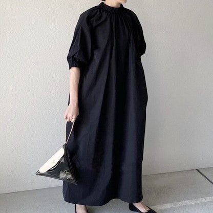 Smocked Neck Balloon Sleeve Maxi Dress | Back Zip Minimalist -  Écru Doux