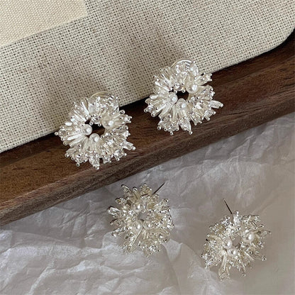 Crystal Pearl Flower Stud Earrings | Statement Silver Earrings -  Écru Doux