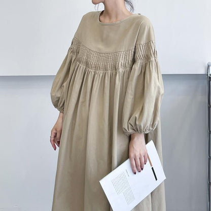 Pintuck Balloon Sleeve Maxi Dress |  Relaxed Round Neck Dress -  Écru Doux