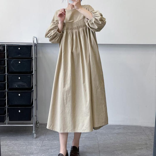 Pintuck Balloon Sleeve Maxi Dress |  Relaxed Round Neck Dress -  Écru Doux