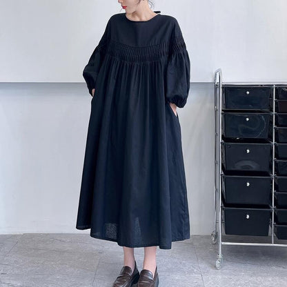 Pintuck Balloon Sleeve Maxi Dress |  Relaxed Round Neck Dress -  Écru Doux