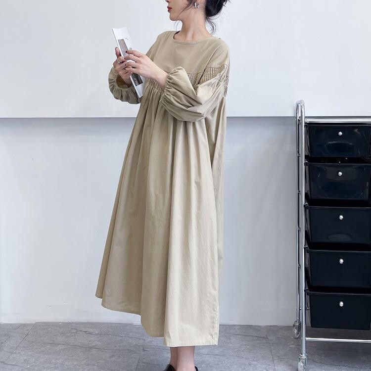 Pintuck Balloon Sleeve Maxi Dress |  Relaxed Round Neck Dress -  Écru Doux