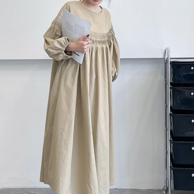 Pintuck Balloon Sleeve Maxi Dress |  Relaxed Round Neck Dress -  Écru Doux