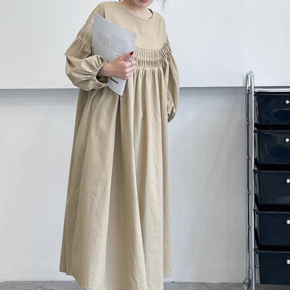 Pintuck Balloon Sleeve Maxi Dress |  Relaxed Round Neck Dress -  Écru Doux